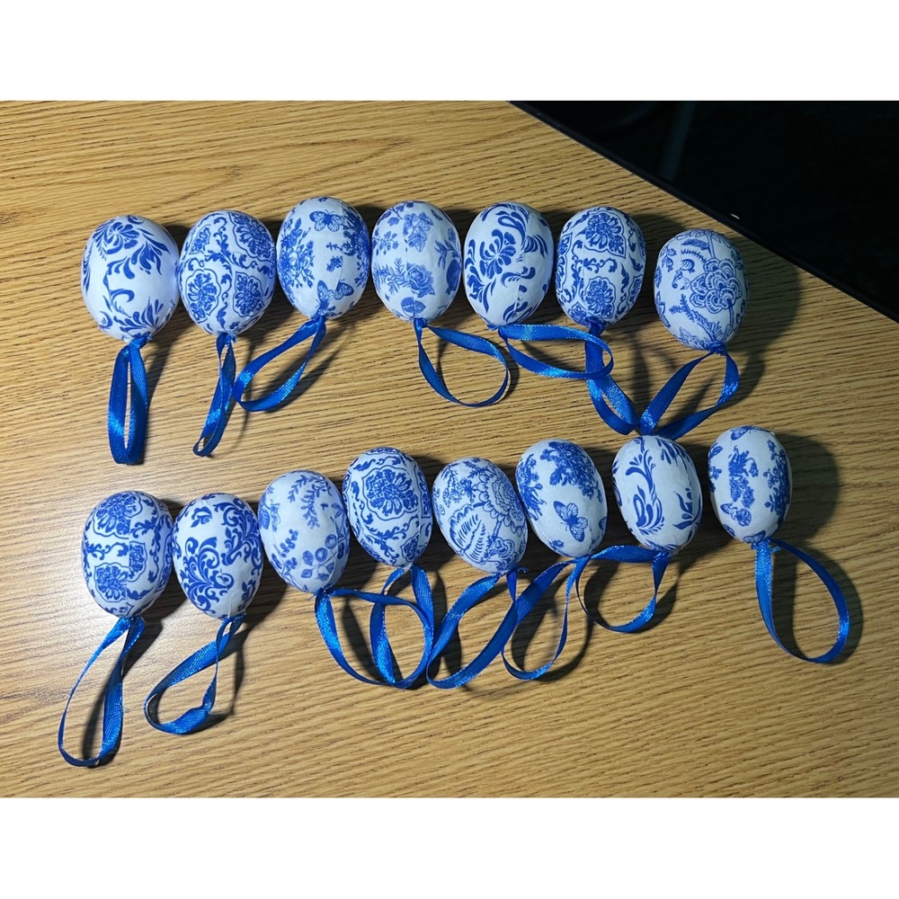 15pc Blue White Chinoiserie Fabric Easter Egg Ornaments Floral Tree Decor - Picture 2 of 9